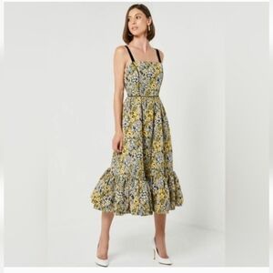 Elliatt Alessia Un Ochre Floral Ruffle Hem Midi Dress Medium